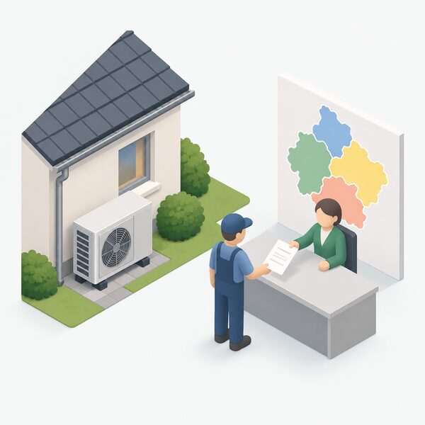 An installer standing at a table beside an outdoor heat pump unit at a house, posting or handing a completed notification form shown as a physical document with blank lines, with a simplified map of network operator regions nearby.