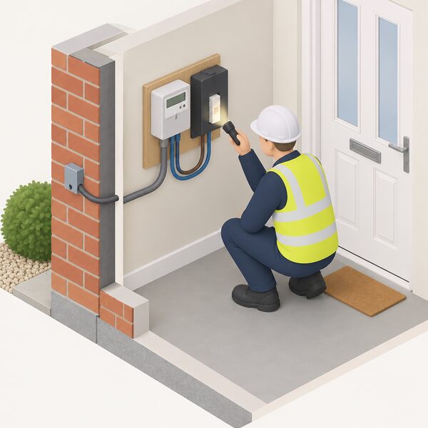 An installer figure crouching beside the electricity meter and supply fuse mounted on an inside wall near the front of a house, inspecting the fuse holder with a torch during a survey, with the incoming service cable and meter tails visible.