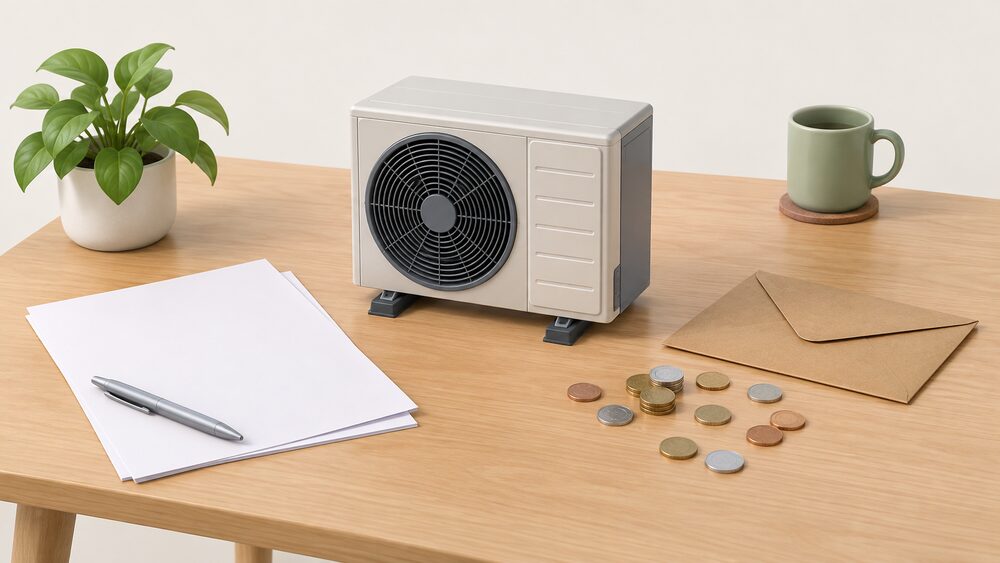 A small model of an air source heat pump outdoor fan unit stands on a table beside blank paperwork, a brown envelope and a scatter of coins, representing the household decision over who pays for an electricity supply upgrade.