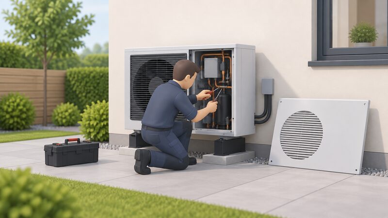 A heating engineer in plain workwear kneels beside an outdoor air source heat pump monobloc unit on an exterior house wall, its front cover panel removed and set aside, using a hand tool on the internal components during an annual service visit.