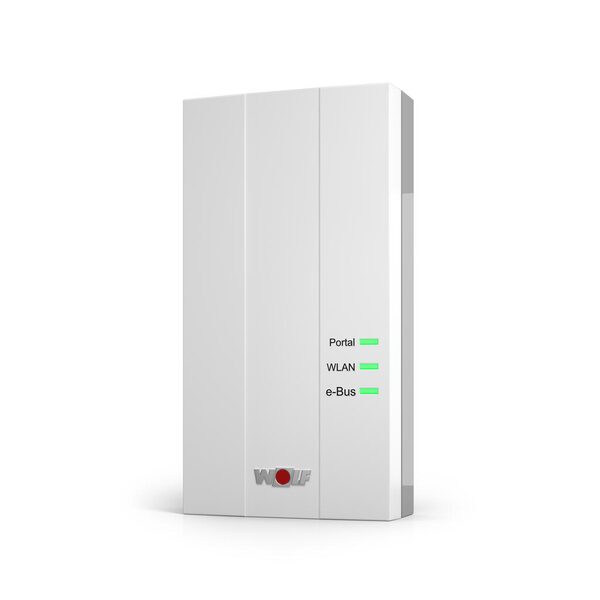 A white WOLF Link smart heating gateway device with Portal, WLAN and e-Bus status LEDs on a plain background