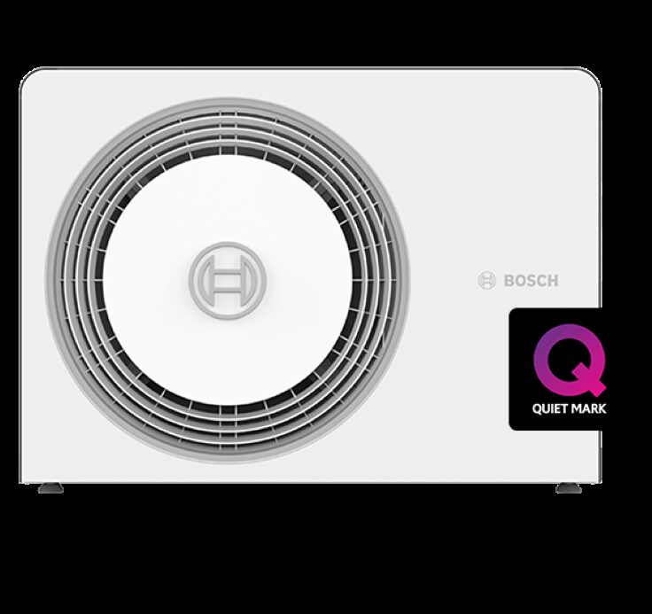 A white Worcester Bosch Compress 5800i air source heat pump outdoor unit with a Quiet Mark badge