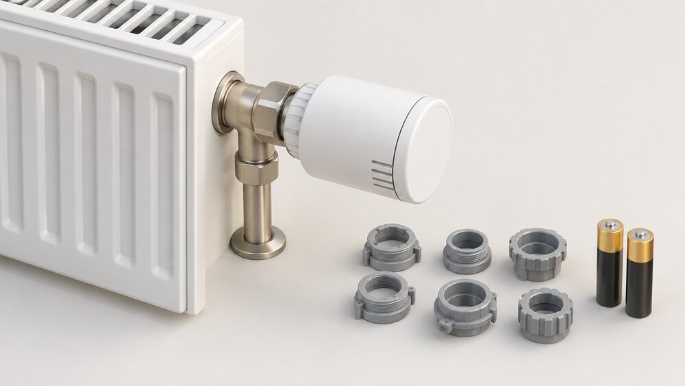 A close-up of a smart radiator thermostat head fitted onto the valve of a household radiator, with the six small metal valve adapters and two AA batteries laid out beside it on the floor.