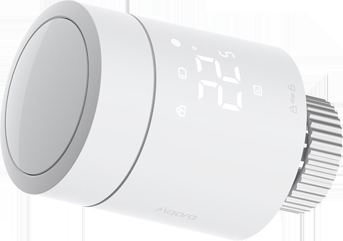 A white Aqara W600 smart radiator thermostat valve with digital temperature display