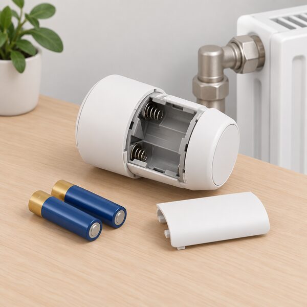 A small smart radiator thermostat head with its battery compartment cover slid open, sitting on a table beside two AA batteries ready to be inserted, with a radiator valve visible in the background.
