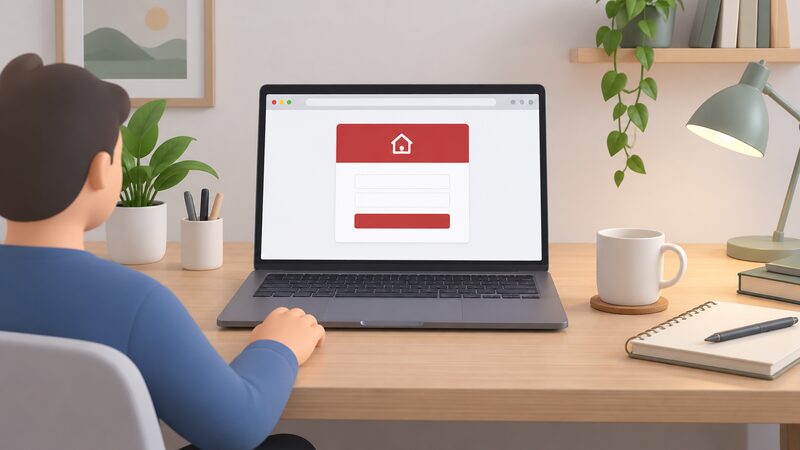 A laptop on a home desk, open and facing the viewer, its browser screen showing a plain login page for the Ariston NET web portal with blank entry fields and a simple button, nothing readable on screen.
