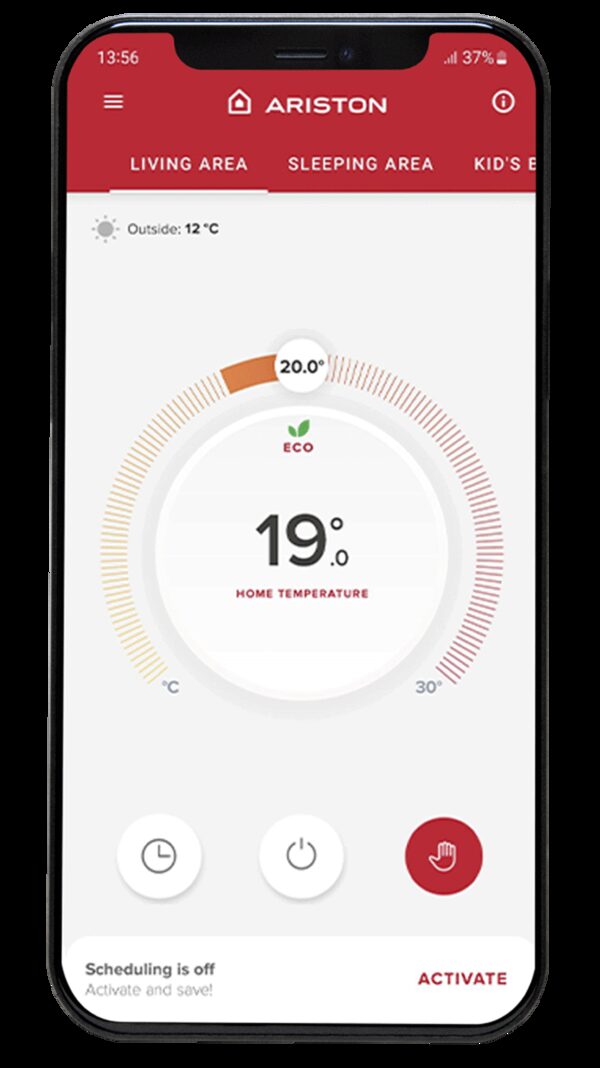 A smartphone displaying the Ariston heating control app with a temperature dial set to 19°C