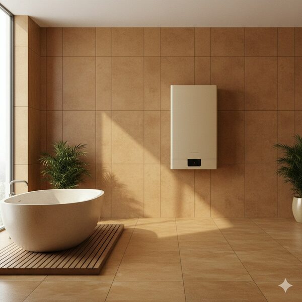 A wall-mounted Ariston boiler installed in a modern tiled bathroom with a freestanding bathtub and potted plants