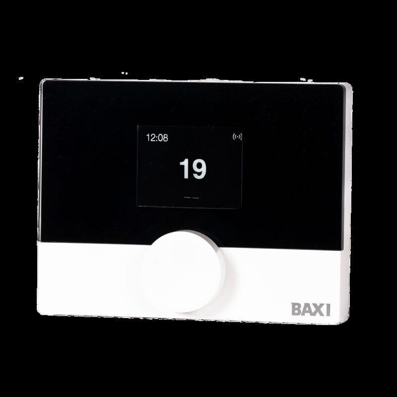 A Baxi AmbiZen digital smart room thermostat with a black display showing 19 degrees and a white dial
