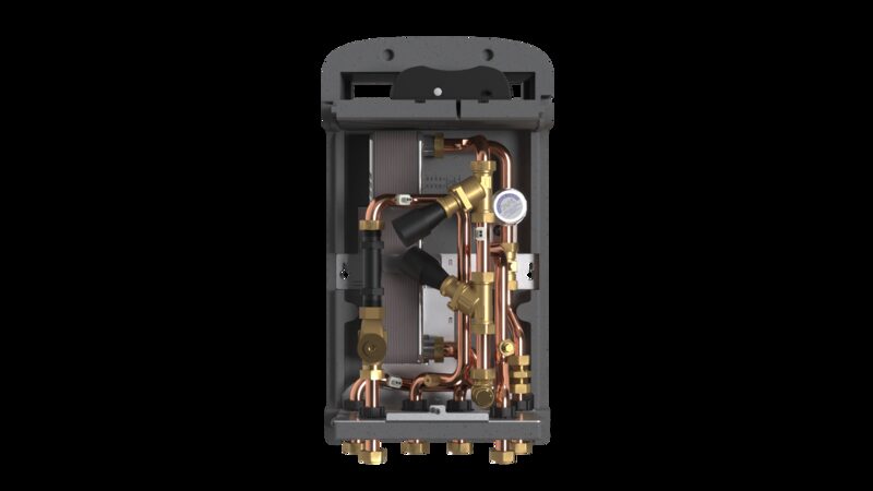 A Baxi AquaHeat direct heat interface unit shown with its casing open, revealing internal copper pipework, brass valves and a pressure gauge.