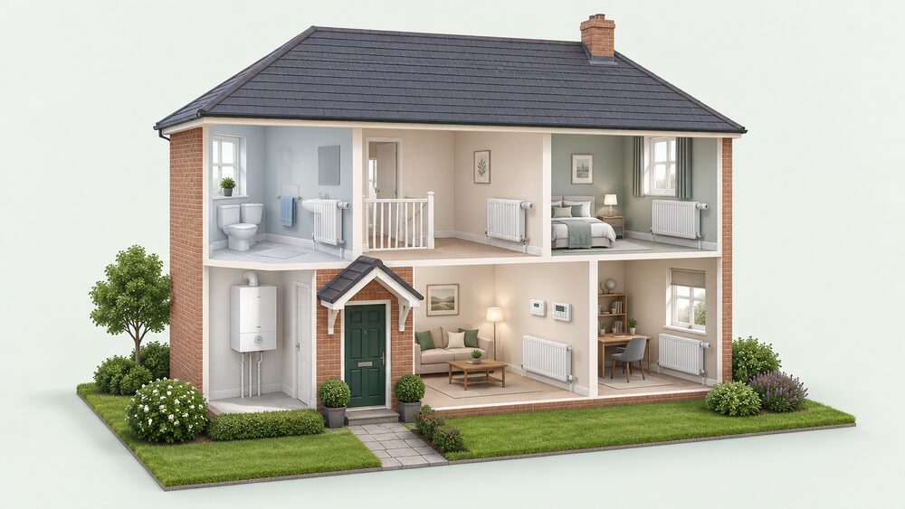 A cutaway house showing a wall-mounted boiler indoors with its own thermostat, a room thermostat on the living room wall whose radiator has a plain manual valve instead of a TRV, a programmer beside the thermostat, and TRVs fitted on radiators in the other rooms.