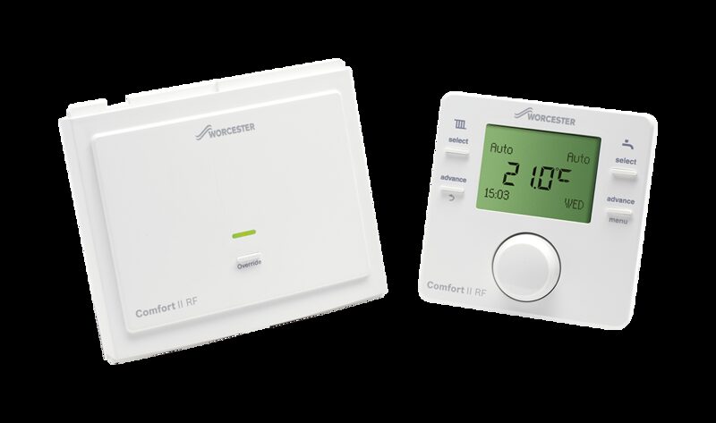 A Worcester Bosch Comfort II RF wireless programmable room thermostat and its receiver unit on a white background