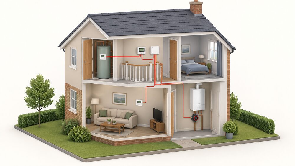 A cutaway house showing a wall-mounted boiler and circulating pump connected by wiring to a programmer and wiring centre, a room thermostat in a living room, and a cylinder thermostat on the hot water cylinder in the airing cupboard, with the connecting control wiring traced between them.