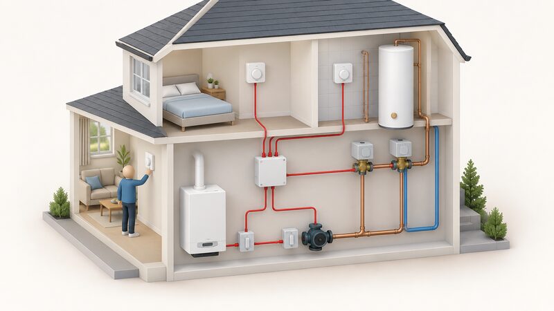 A simplified cutaway diagram of a house heating system showing a room thermostat and a cylinder thermostat both wired back to a wiring centre, which in turn feeds a switched live to the boiler and pump, with the wiring lines making or breaking that connection.