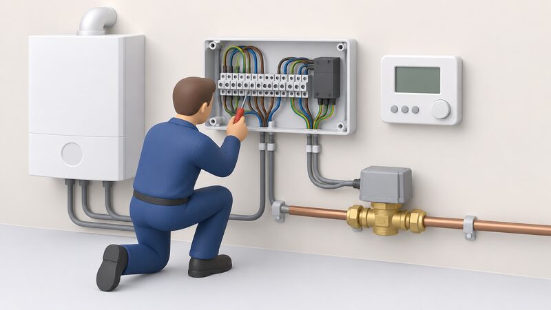 An open wiring centre with thermostat and zone valve cables terminated at its terminals, beside a programmable room thermostat, while a heating engineer inspects the connections.