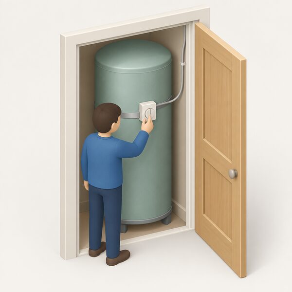 A domestic hot water cylinder, likely in an airing cupboard, with a small cylinder thermostat strapped to its side by a band, its thin cable running off toward the wiring, shown as a simple isometric scene with one simplified figure adjusting the thermostat's dial.