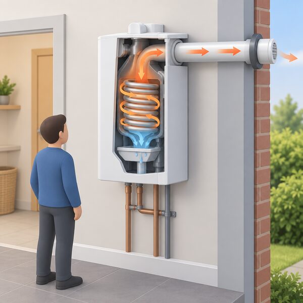 A cutaway indoor scene showing a wall-mounted condensing boiler with its flue pipe passing horizontally through the outside wall, and inside the boiler a simplified heat exchanger coil around which the hot flue gases pass before exiting, illustrating heat being extracted from the exhaust.