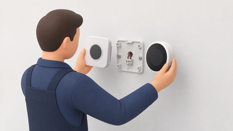A simplified installer figure holds a Wave smart control just unclipped from its wall back plate, with a Bosch EasyControl in the other hand ready to clip onto the same plate, the existing 2-core wiring still connected at the plate.