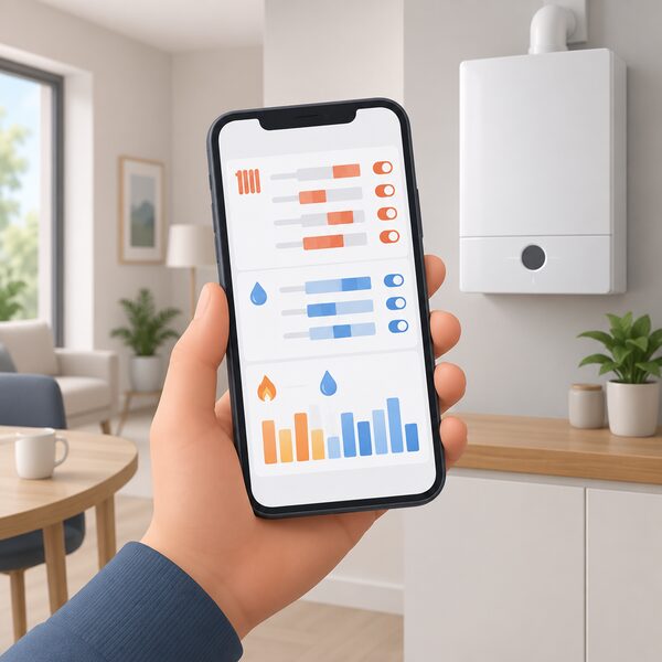 A hand holding a smartphone displaying the EasyControl app, with a plain heating schedule screen and a simple bar graph of gas consumption for heating and hot water, set in a home interior near a wall-mounted boiler.