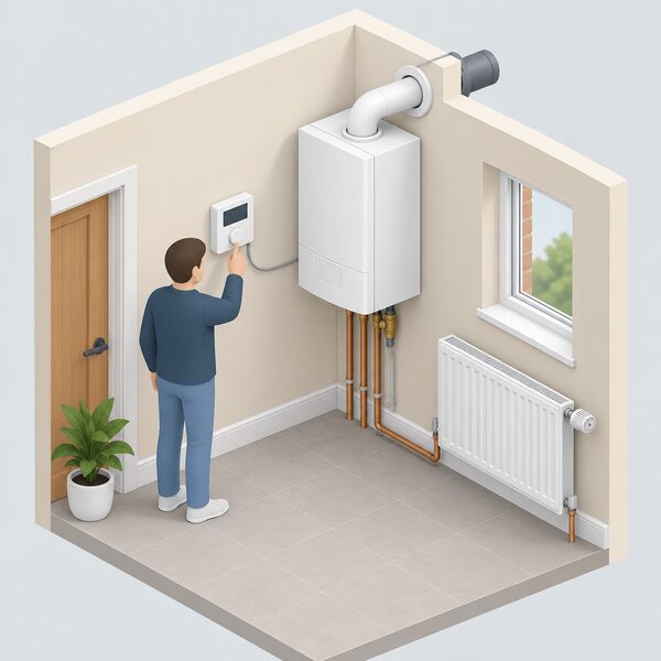 A small isometric indoor scene showing a wall-mounted heating control unit fixed to the wall beside a wall-hung gas combi boiler, with a simple wiring connection between the two and a radiator with a thermostatic valve nearby, all part of one heating system.
