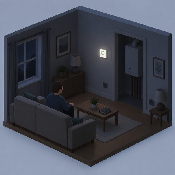 A dim living room during a power cut where a wall-mounted heating control remains lit and working on the wall while the gas boiler below stands dark and unpowered, with unlit lamps and sockets around the room.