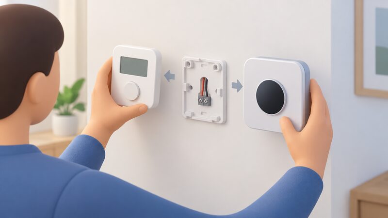A simplified figure's hands unclip a Worcester Wave thermostat from its wall-mounted back plate while a Bosch EasyControl, held in the other hand, is ready to clip onto the same plate, with the two-core wiring connections visible behind.