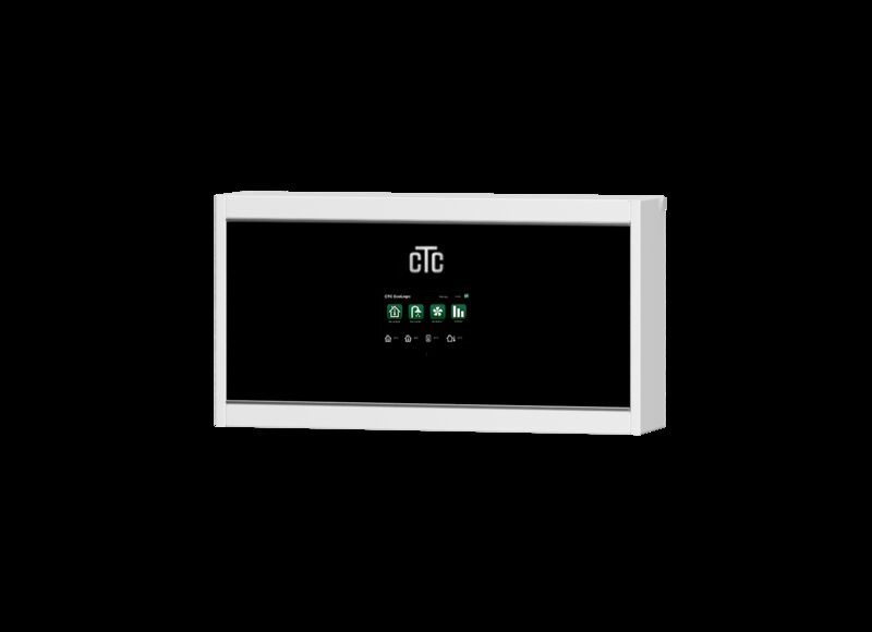 A white CTC EcoLogic heat pump control unit with a black touchscreen display