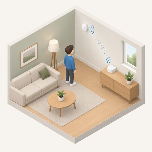 A small white wireless room sensor mounted high on an indoor wall of a simply furnished room, shown in isometric view with a simplified figure nearby, the sensor drawn as a plain rounded unit with no visible cables, communicating wirelessly to a small gateway unit elsewhere in the room.