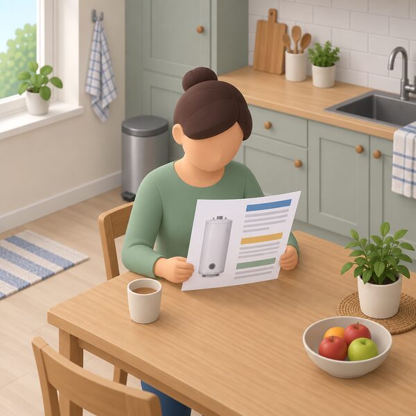 A UK householder seated at a kitchen table reading a printed specification datasheet for a water heater, the sheet shown as a physical object with blank line fields and plain colour bands standing in for its Dutch and Swedish labels and figures, no readable text.