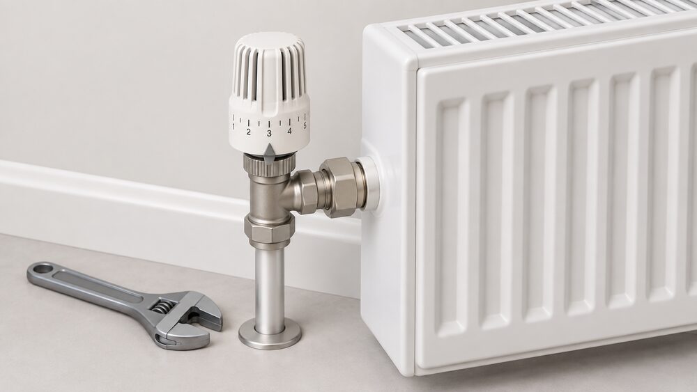 A close-up of a thermostatic radiator valve fitted to the side of a panel radiator, showing the two-part device: the valve body plumbed into the radiator's flow pipe and a thermostatic head with a numbered dial screwed onto the body, with a spanner resting nearby.