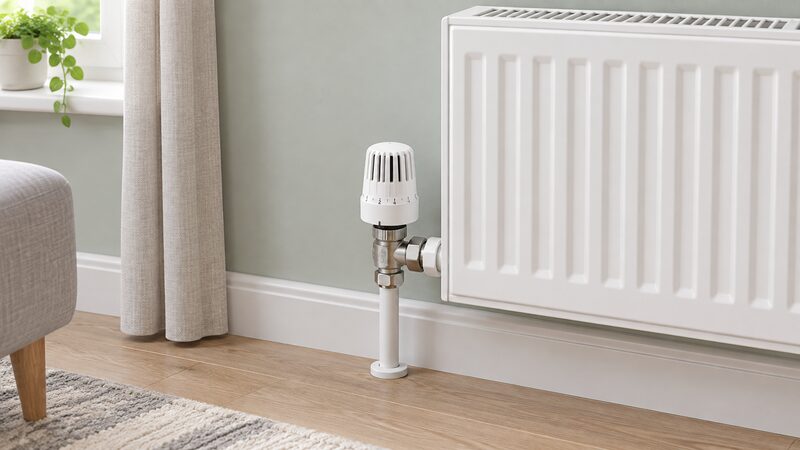 A plain white thermostatic radiator valve head with a numbered dial fitted to the valve body at the bottom corner of a household radiator, shown in a simple room setting with no people.