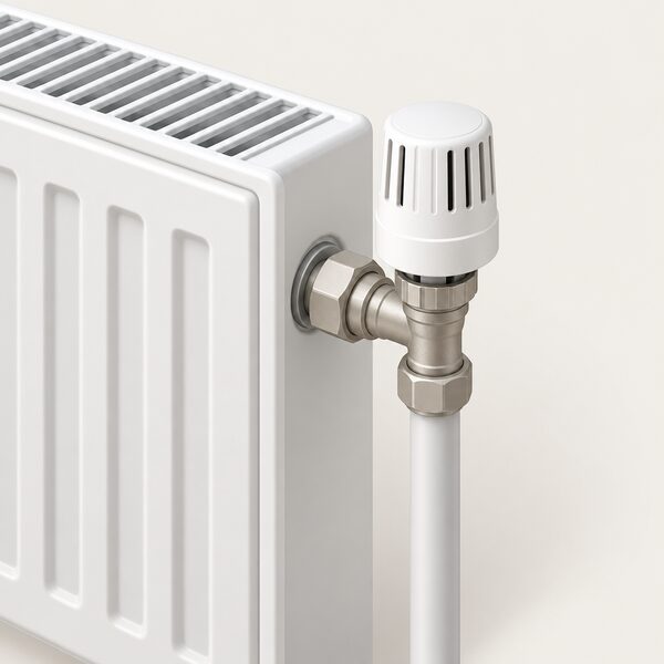 A close-up of a thermostatic radiator valve fitted at one end of a panel radiator, showing the valve body connected to the pipework with a separate head fitted on top of the body.