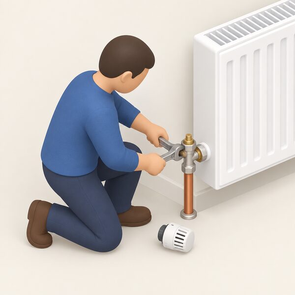 A plumber in plain clothing, shown as a simplified isometric figure, kneels beside a household radiator and fits a thermostatic radiator valve onto the copper pipework at one end, using a spanner, with the valve head set nearby ready to attach.