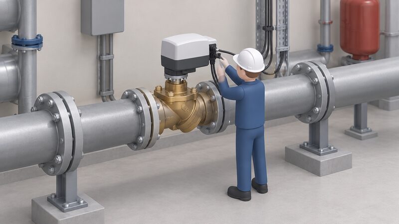 A commercial plant room scene showing a NovoCon digital actuator mounted on top of an AB-QM pressure-independent balancing valve on a piped hydronic circuit, with a simplified isometric installer figure connecting visible wiring to the actuator.