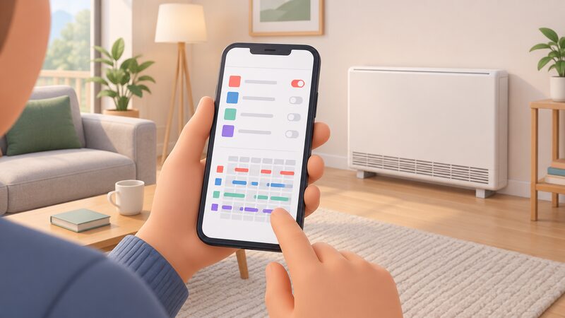 A hand holding a smartphone in a home setting, the screen showing a plain app interface with a list of heater zones as simple colour blocks and a weekly schedule grid of blank bars, with a storage heater visible in the room behind.