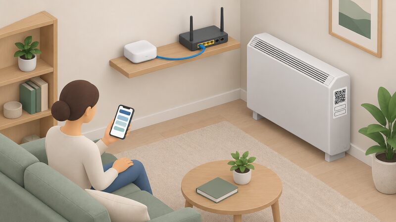 A small isometric living-room corner showing a Dimplex Control Hub on a shelf connected by an Ethernet cable to a broadband router, with a phone running the setup app and a storage heater nearby bearing a QR code label on its side.