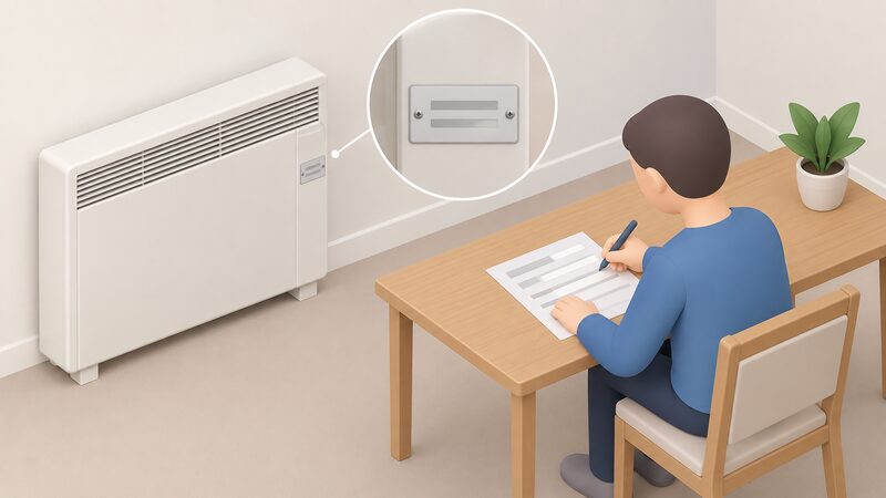 A close-up of a Dimplex storage heater's side label plate showing blank model and serial detail lines, with a simplified isometric figure beside it copying those details onto a guarantee registration form laid on a table.