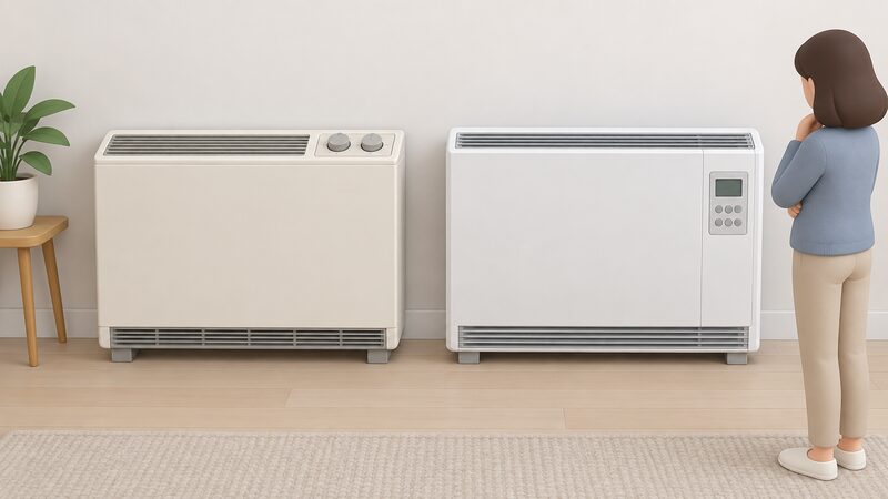 Two storage heaters side by side against a plain wall: an older model with two round input and output dials on its top panel, and a Dimplex Quantum with a digital programmer panel and display on its front, showing the shift from dial controls to digital programmers.