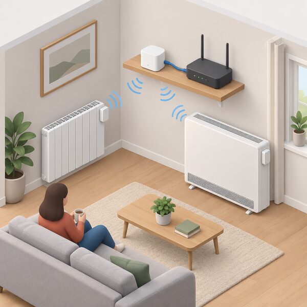 A small white Dimplex control hub on a shelf indoors, connected by an Ethernet cable running to a broadband router, with a radio signal linking it to a supported electric radiator and a high heat retention storage heater in the same room, representing the bridge between RF heating products and the internet.