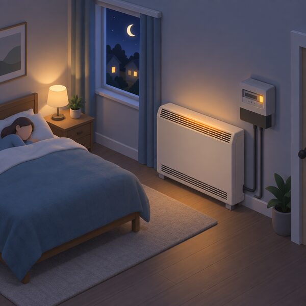 A night-time home interior with a storage heater against a wall beside an Economy 7 electricity meter, a small indicator glow showing it charging during off-peak hours while the household sleeps.