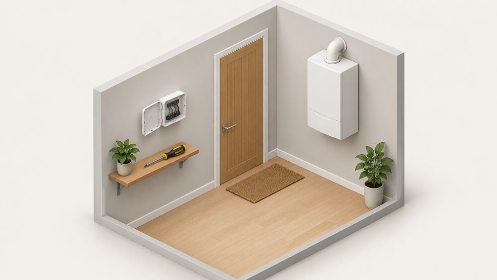 A wall-mounted room thermostat with its front cover open to show the wiring terminals, a screwdriver resting on a nearby shelf, and a closed white boiler casing visible on an adjacent wall, untouched.