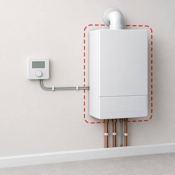 A wall-mounted boiler with its casing fully closed and intact, shown beside a thermostat on the wall with its low-voltage control wiring running neatly to the boiler, illustrating the boundary that DIY work must not cross.