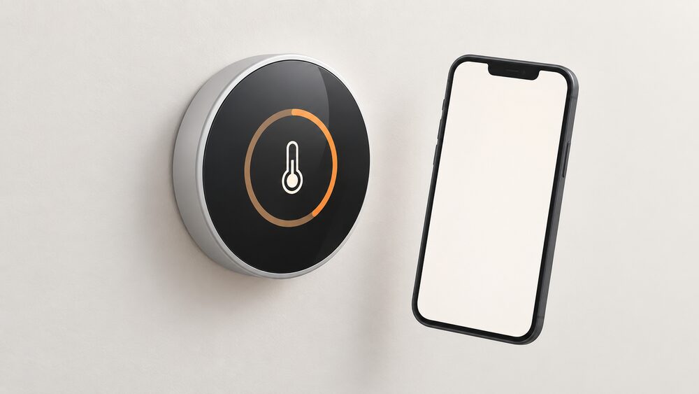 A smart room thermostat mounted on an interior wall of a home, shown close up, with a smartphone held beside it showing a blank heating-control screen, and nothing else in the scene.