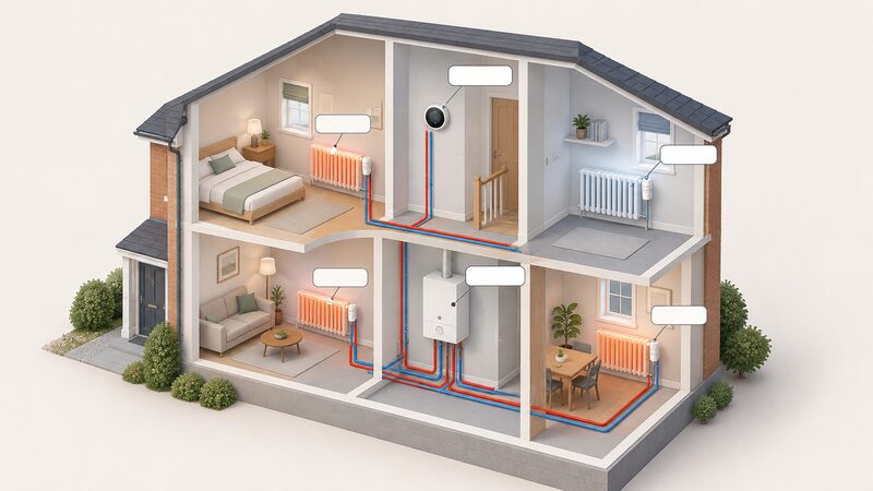 A simplified isometric cutaway of a house showing a wall-mounted smart thermostat, a boiler and radiators with thermostatic radiator valves in different rooms, all linked by pipework and thin leader lines pointing to blank label tags, with one unused room's radiator shown cold.