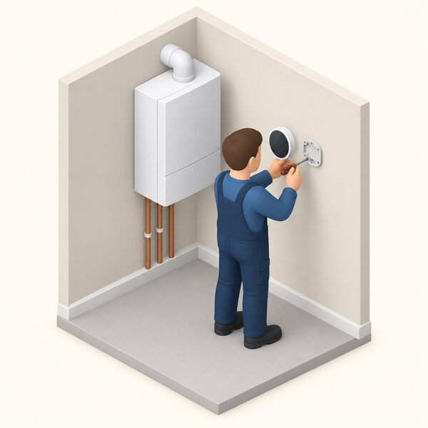 A heating engineer in plain work clothes, shown as a simplified isometric figure, fits a smart thermostat to an inside wall beside a wall-mounted boiler, with a small screwdriver in hand and the thermostat's back plate partly fixed to the wall.