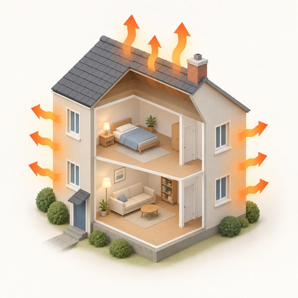A simple cutaway house exterior showing plain un-insulated external walls with warm-coloured heat visibly escaping through the wall surfaces and up through the roof, with no insulation present in the fabric.