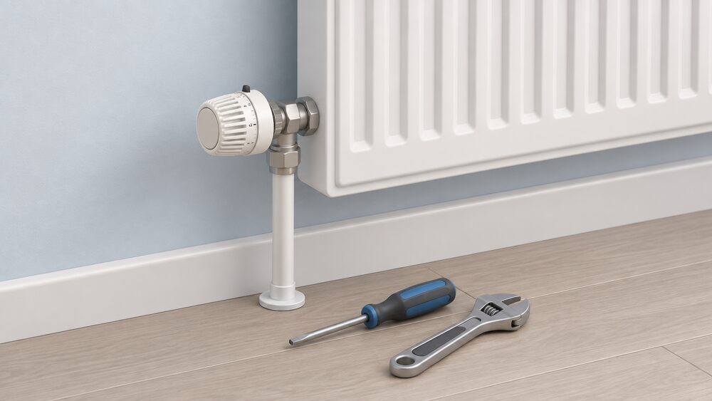 A close-up of a single thermostatic radiator valve with its numbered dial mounted on the flow pipe at one end of a panel radiator on a wall, with a small screwdriver and adjustable spanner resting on the floor beside it.