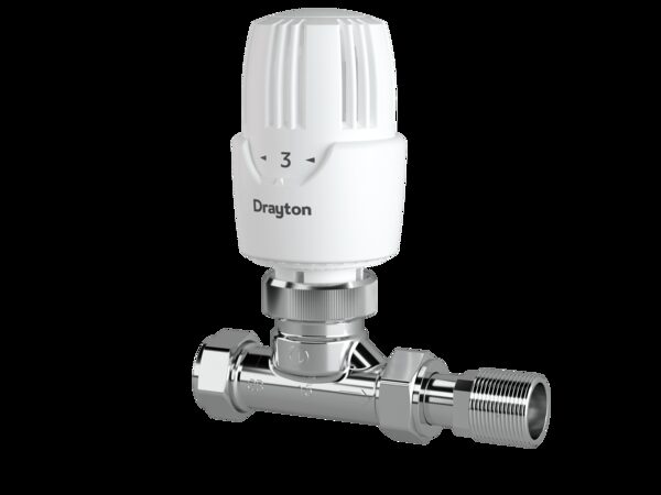 A white Drayton thermostatic radiator valve (TRV) with numbered dial shown on a plain background