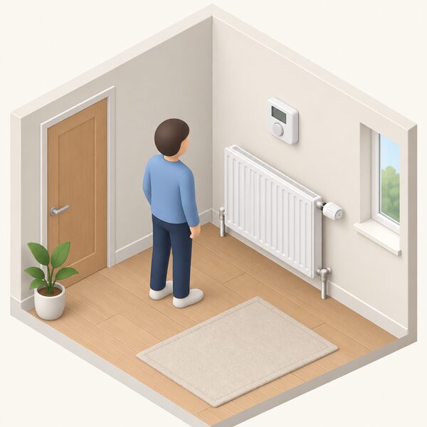 A room containing a wall-mounted main boiler thermostat with a radiator beneath it fitted with a thermostatic radiator valve turned fully open, a simplified figure standing nearby, showing the one radiator that should be left uncontrolled.
