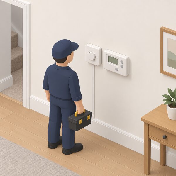 A plain interior wall of a British home with a wired room thermostat and a separate wall-mounted programmer side by side, shown as the existing control arrangement an installer would replace like-for-like, with a small simplified installer figure standing before them.
